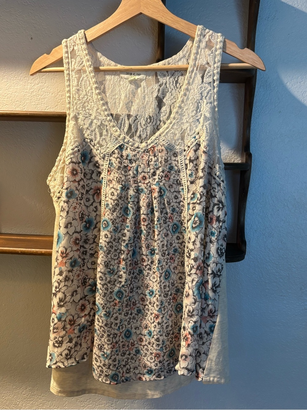 Taylor & Sage Cream Lace-Trim Floral Tank with Blue and Pink Accents